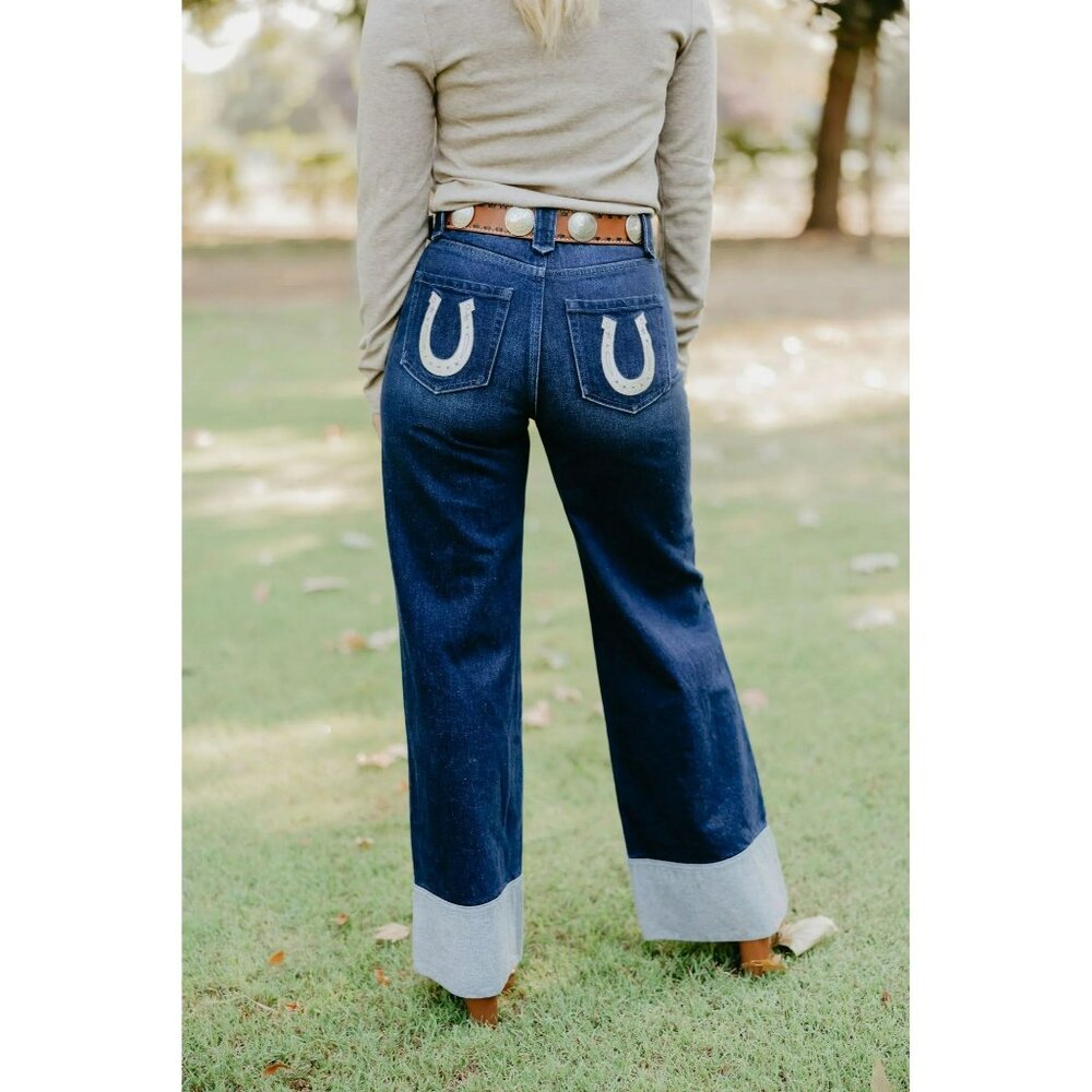Rodeo Quincy Womens Dark Wash Wide Leg Jeans Size 26 With Embroidered Horseshoes
